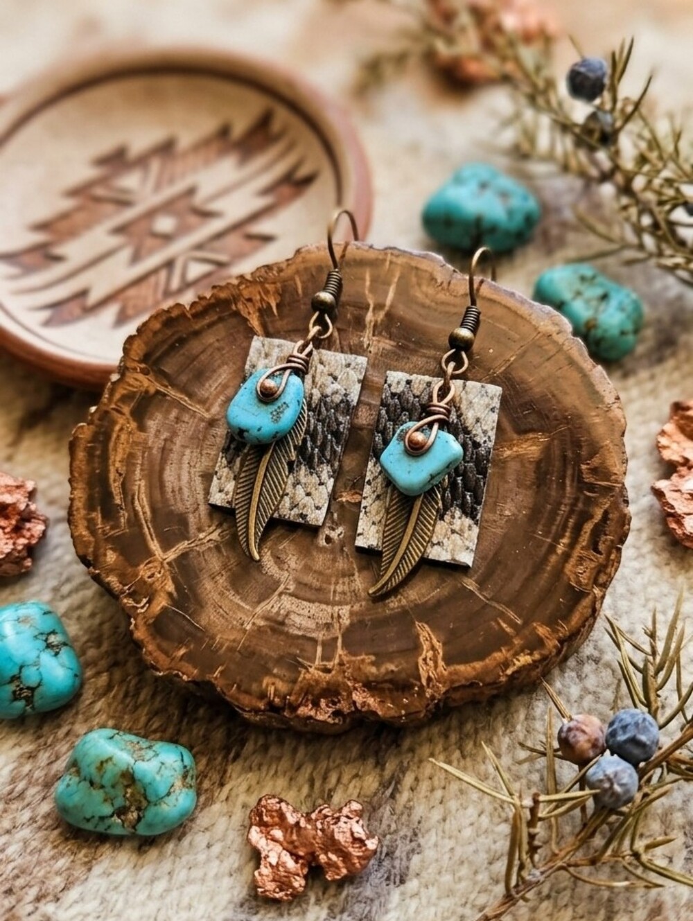 Handcrafted Feather Earrings with Turquoise Accents